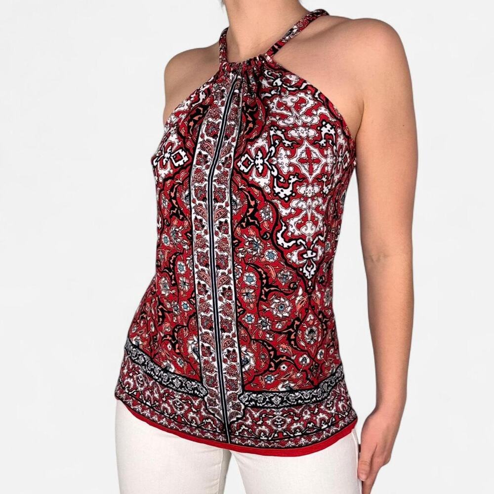 Red black paisley print halter high neck top boho - fits like small, Max Studio